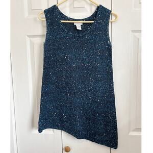 Soft Surroundings Teal Open Knit Paillette Accent Asymmetric Tunic Top Medium